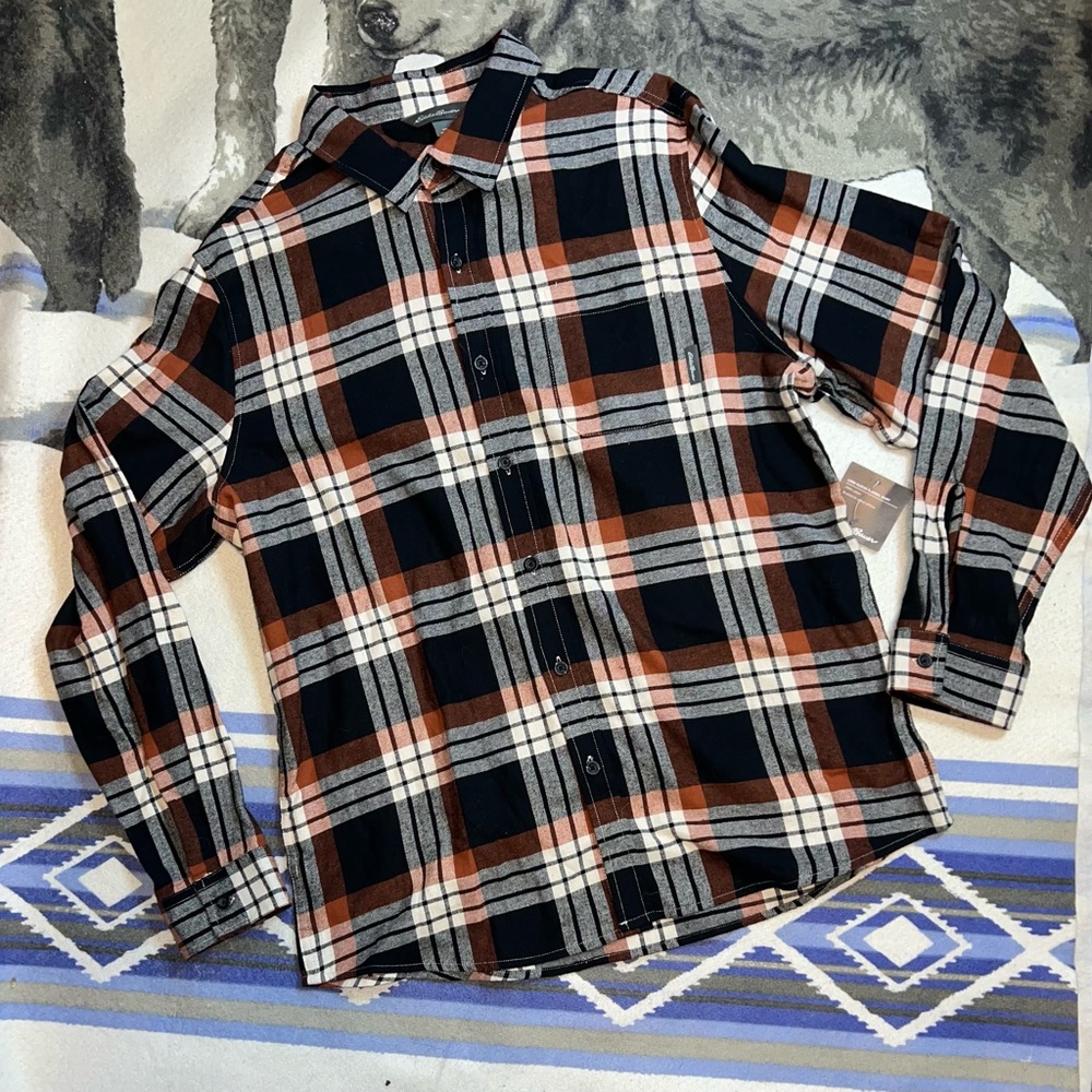 NEW Men’s Long Sleeve Eddie Bauer Black & Brown Flannel Size L